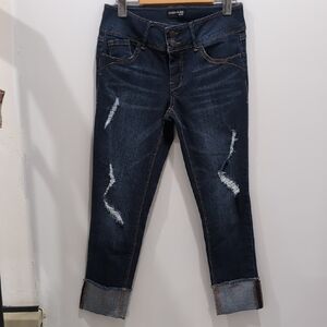 EVERMORE | Junior Girls Meidum Wash Distressed Cropped Cuffed Hem Stretchy Jeans